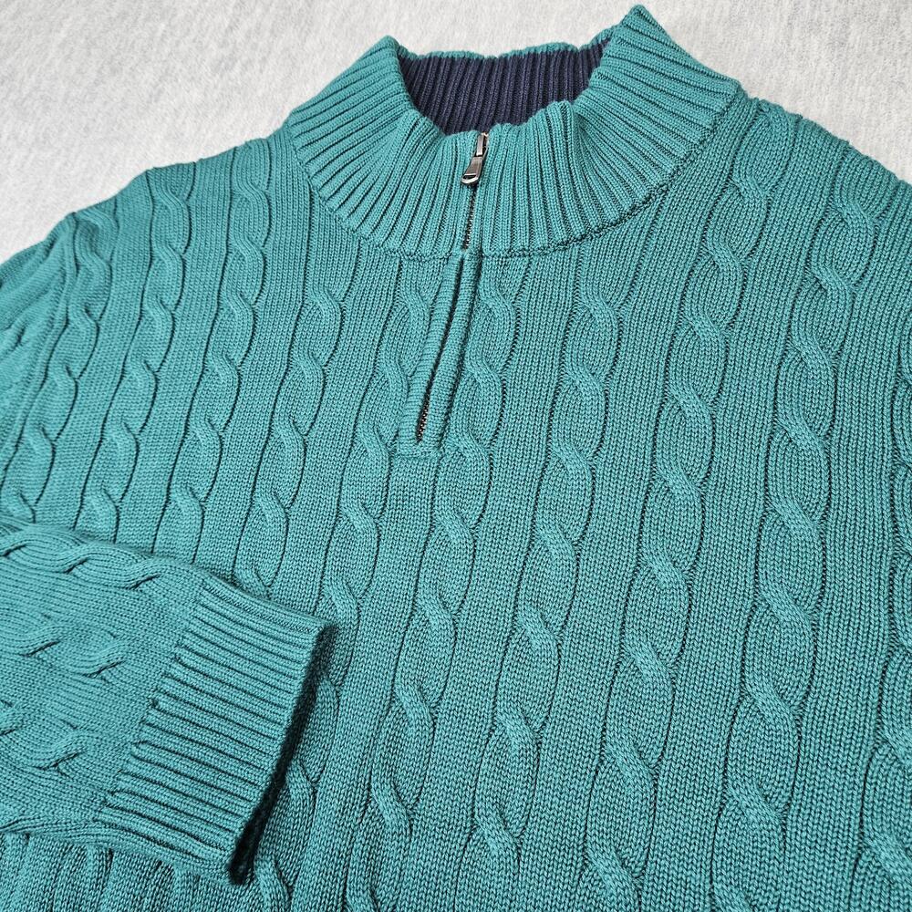 Lands End Sweater Mens 2XL Green Cotton Cable Knit Quarter Zip Mock Neck Drifter